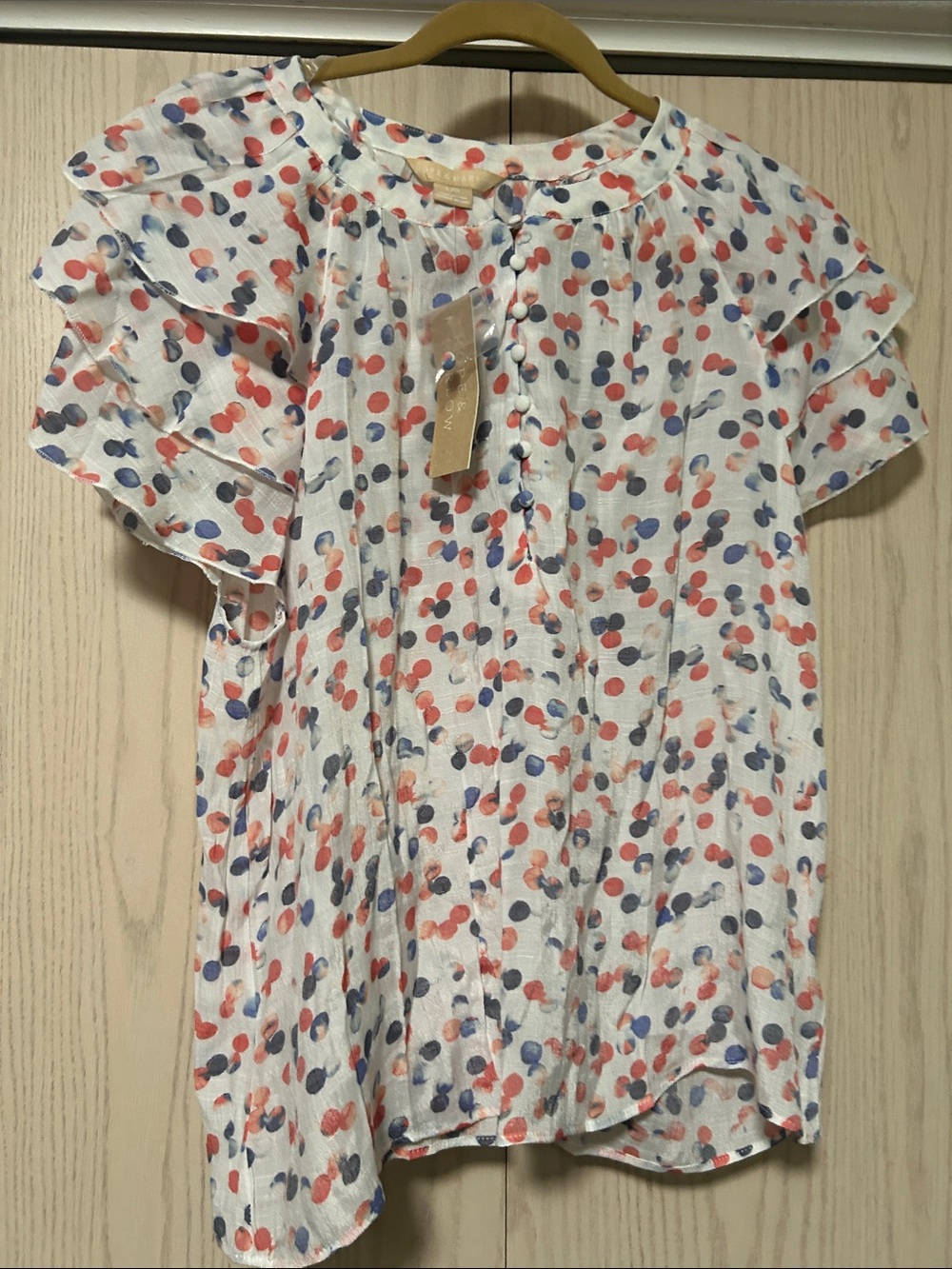 Polka Dot Flutter Sleeve Blouse - White with Coral & Navy